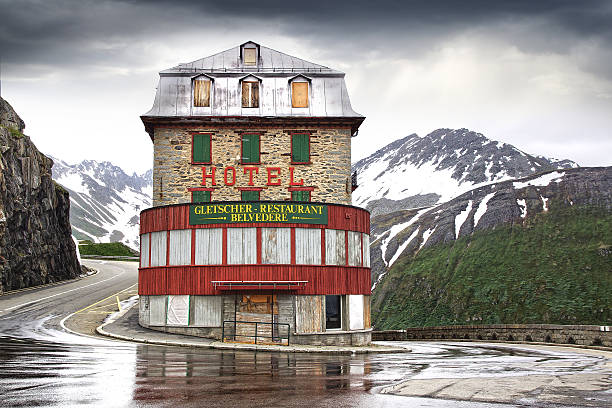 FurkaPass, Switzerland - June 20, 2015: Hotel Belvedere. Hotel Belvedere at Furka Pass 2436 m high. Historical road over Furkapass was built in 1867. 