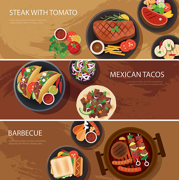 street food веб-баннер, стейки, блюда мексиканской tacos, барбекю - backgrounds beef close up cooked stock illustrations