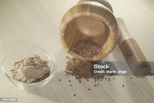 Flax Seeds Ground And A Mortar Stock Photo - Download Image Now - 2015, Biology, Bowl