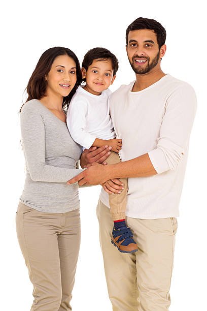 indian man and family happy indian man and family isolated on white background happy indian young family couple stock pictures, royalty-free photos & images