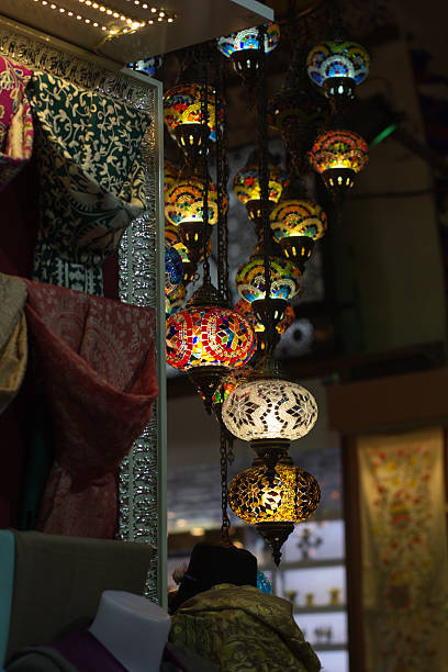 Traditional turkish lamps hanging at the Grand Bazaar stock photo