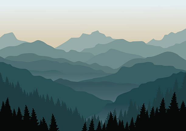 Mountain landscape at dawn Vector illustration of a misty sunrise in the mountains. Layered mountain ranges in the fog. Eps 10.  appalachian mountains stock illustrations
