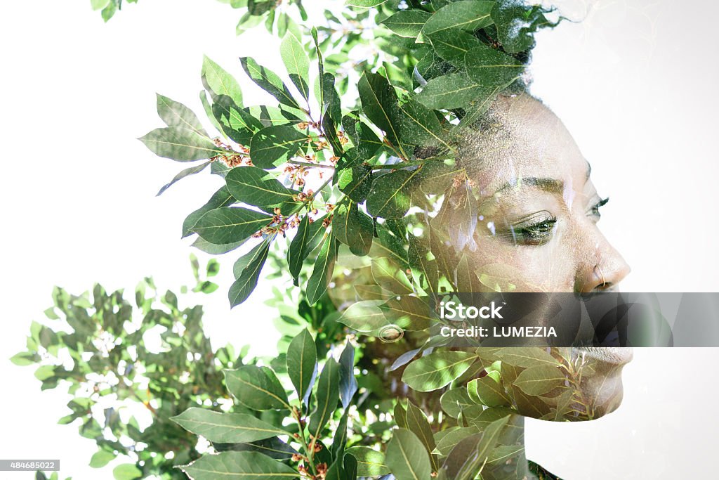 Double exposure portrait Double exposure portrait of attractive african american woman combined with photograph of leaves Nature Stock Photo