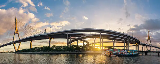 Twilight at Bhumibol Bridge in Samut Prakan, Thailand