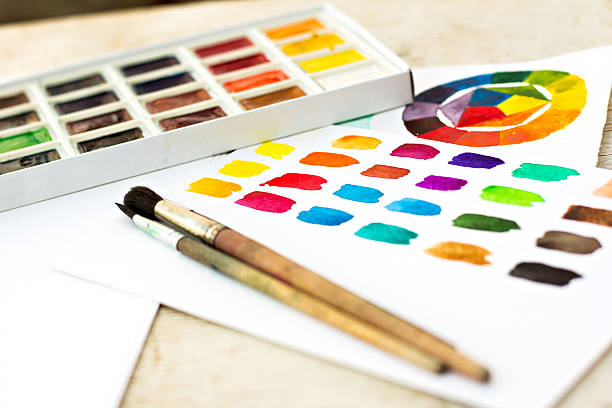 istock Workplace artist - paper, paint, brushes, color wheel 484686268