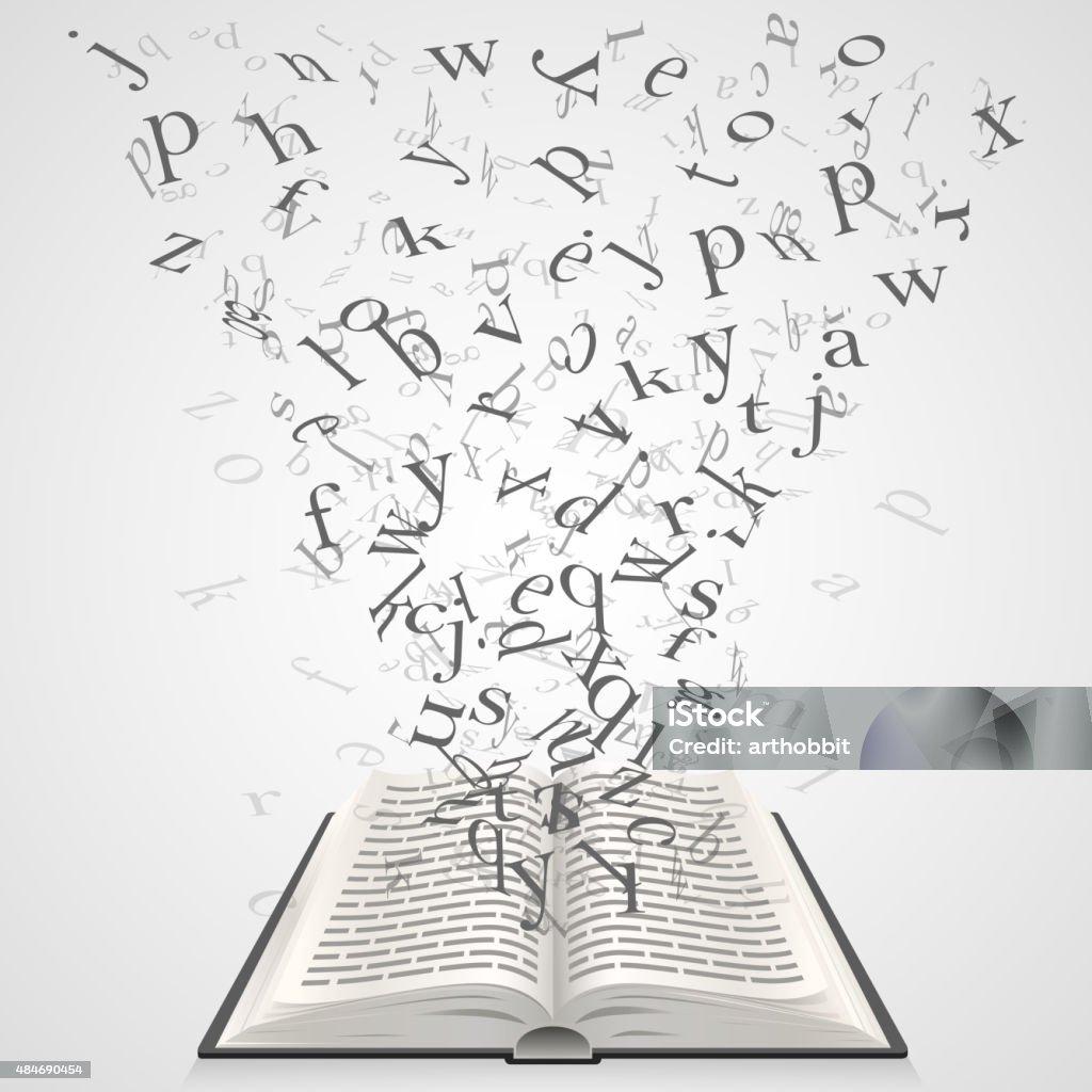 Book with flying letters Book with flying letters art. Vector Illustration Text stock vector