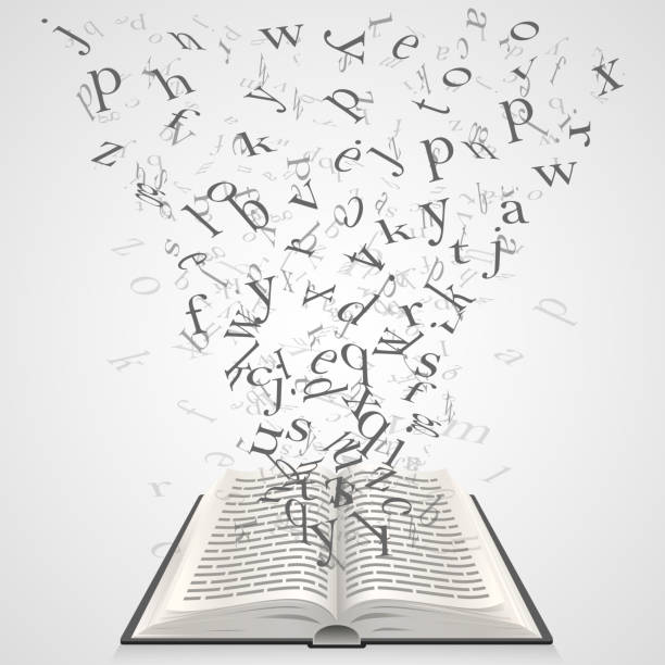 Book with flying letters Book with flying letters art. Vector Illustration dictionary stock illustrations