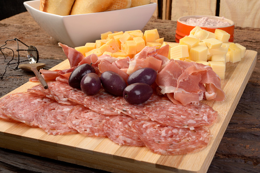 Charcuterie and Cheese Platter, Bread, Olives and Dippings