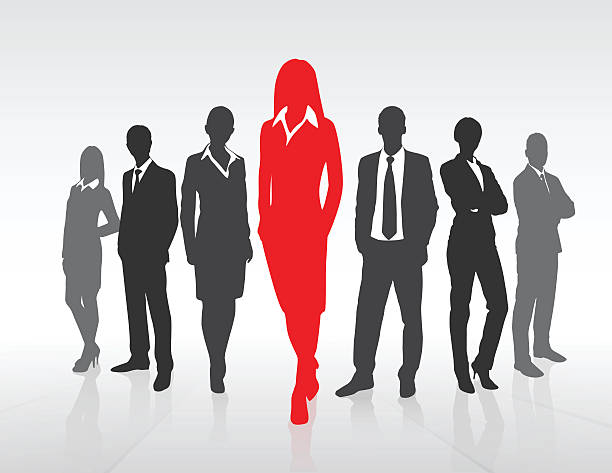 czerwony biznesmenka, czarne sylwetki ludzi biznesu grupy koncepcja zespołu - business people stock illustrations