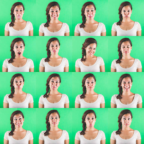 istock Beautiful woman multiple portraits on green background 484698274