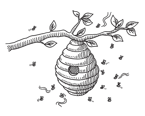 Hand-drawn vector drawing of a Beehive And Flying Bees. Black-and-White sketch on a transparent background (.eps-file). Included files are EPS (v10) and Hi-Res JPG.