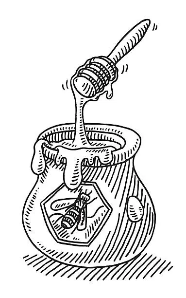Vector illustration of Bee Honey Pot Drawing