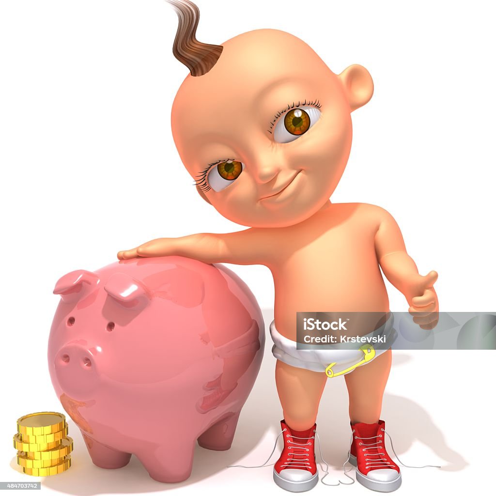 Baby Jake with piggy bank and coins Baby Jake with piggy bank and coins 3d illustration 2015 Stock Photo