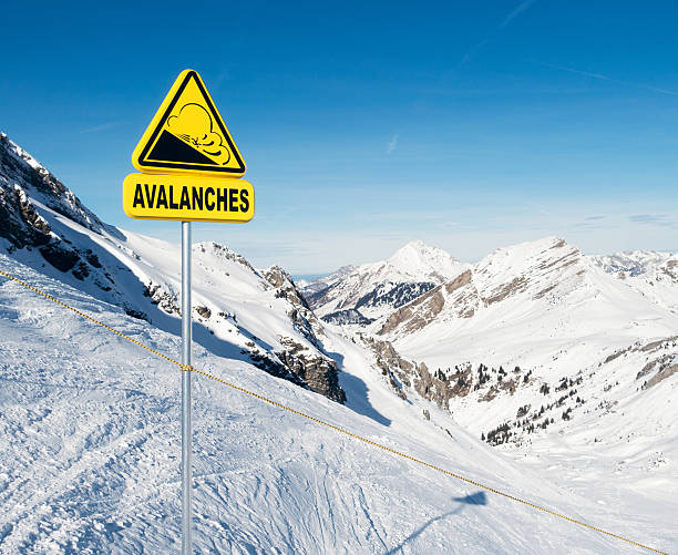 Avalanche warning sign in the European Alps A sign warning of avalanche risk in the European Alps during winter. avalanche stock pictures, royalty-free photos & images