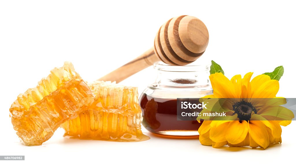 Fresh honey in a jar and honey dipper Fresh honey in a jar and honey dipper - series. Honey Stock Photo