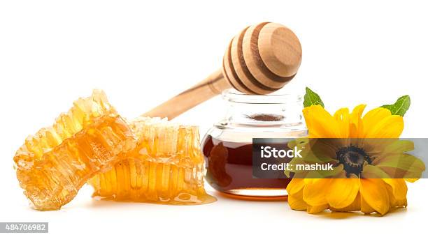 Fresh Honey In A Jar And Honey Dipper Stock Photo - Download Image Now - Honey, Spoon, White Background