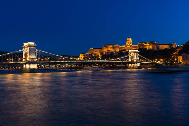 Night view of some of the most famous Hungarian landmarks, including the Széchenyi Chain Bridge and the Royal Palace as seen from the other side of the Danube river. Long Exposure.