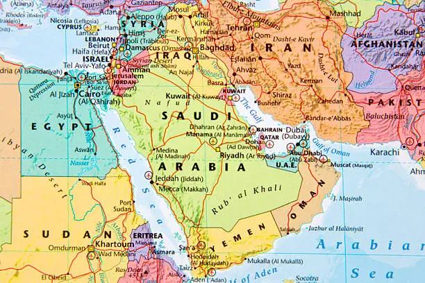 Map with Saudi Arabia in focus.
