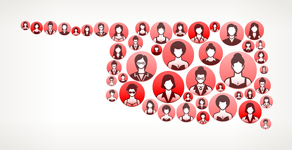 Oklahoma Women Faces Girl Power Pattern. This vector collage has pink and red round buttons arrange in seamless patter. Individual iconography on the buttons shows women portraits. Women and businesswomen convey a feeling of girl power unity teamwork and partnership. This royalty free vector background graphic is ideal for your feminism and girl power concepts.