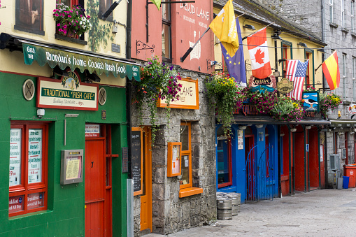 Galway, Ireland - July 28, 2015: Colorful shops line the streets of the Latin Quarter in Galway, Ireland.