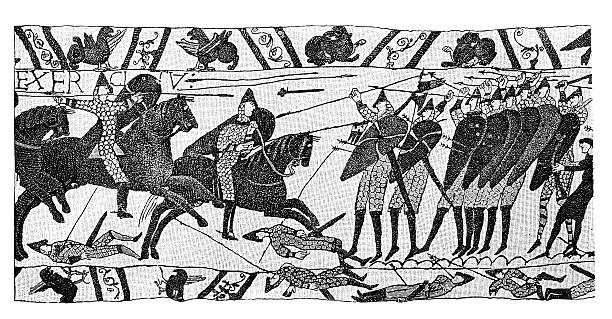 antyczne ilustracja przedstawiająca tkanina z bayeux - tkanina z bayeux stock illustrations