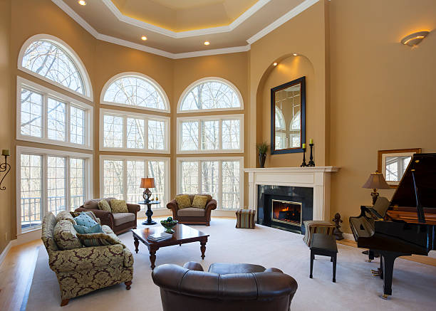 istock Homey Great Room With Vaulted Ceiling and Grand Piano 484714957