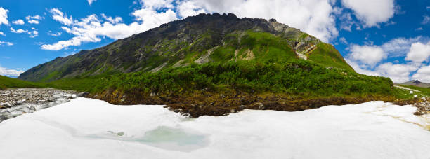 Summer panoramic view in Sayan Mountains. stock photo