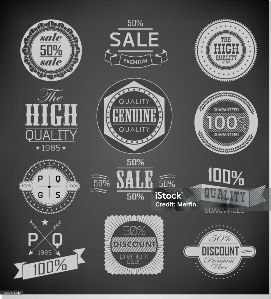Collection of Premium Quality Premium Quality, Guarantee and sale Labels  and typography design drawing with chalk on blackboard Backgrounds stock vector