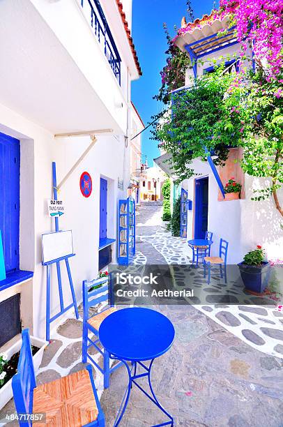 Narrow Whitewashed Street Of Skiathos Greece Stock Photo - Download Image Now - Skiathos, Aegean Sea, Alley