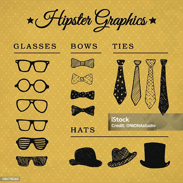 Hipster Graphic Set On The Vintage Background Stock Illustration - Download Image Now - Necktie, Drawing - Activity, Illustration