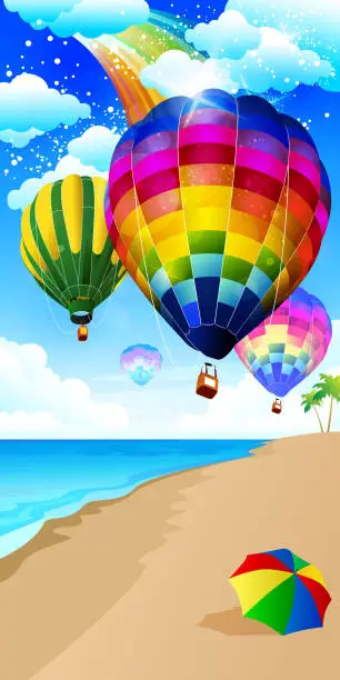 Vector illustration of Colorful Hot Air Balloon Celebrations in Beach