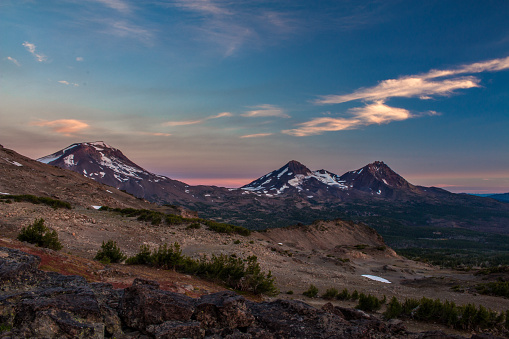 The Three Sisters mountains in the Three Sisters Wilderness, Deschutes National Forest, Oregon.  Photo taken at sunrise from Tam MacArthur Rim.