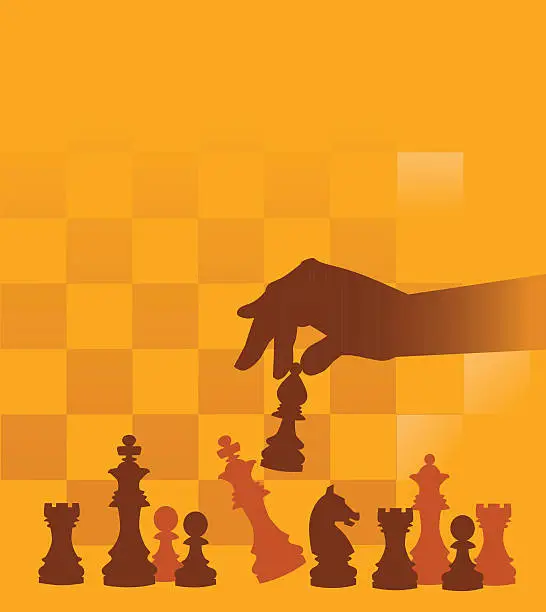 Vector illustration of Chess Pieces with Hand on Checked Background