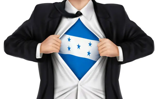 Vector illustration of businessman showing Honduras flag underneath his shirt