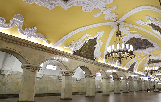 Moscow, Russia - June 6, 2015: Metro station Komsomolskaya (Koltsevaya Line) in Moscow, Russia. It was opened in 30.01.1952. Passengers in a metro station