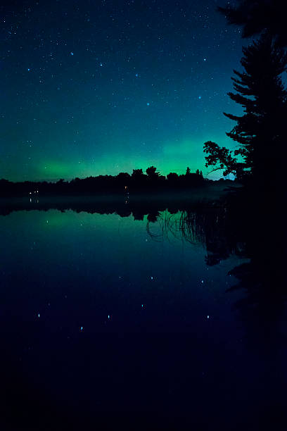 Reflection of Big Dipper and Aurora Borealis in lake stock photo