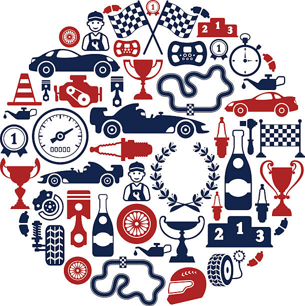 ilustraciones, imágenes clip art, dibujos animados e iconos de stock de collage de carreras - stock car sports venue sports race motorized sport