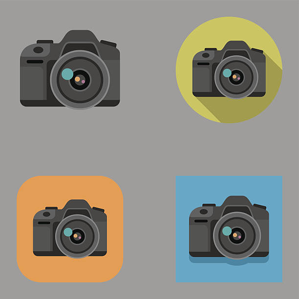 Flat DSLR icons | Kalaful series Flat DSLR icon set over different background shapes and colors. digital single lens reflex camera stock illustrations