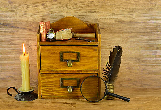 istock Wooden box with written implements 484743203
