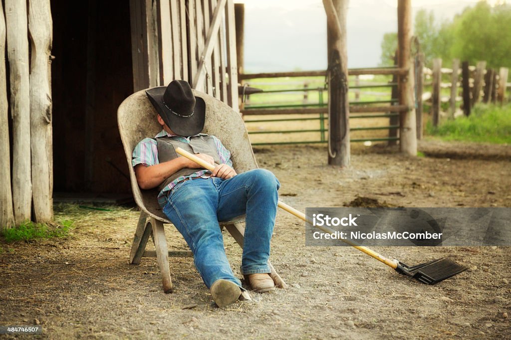 Cowboy resting in wheelbarrow Full length Full length portrait of a cowboy resting in wheelbarrow and holding a large rake. Moody foggy corral background. Farmer Stock Photo