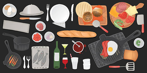 zestaw narzędzi w kuchni i żywności ilustracja z widok z góry. - breakfast bacon food tray stock illustrations