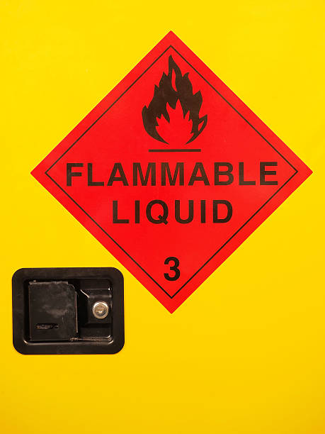 Flammable liquid cabinet door with warning sign and lock Flammable liquid cabinet door with warning sign and lock, Melbourne 2015 flammable cabinet stock pictures, royalty-free photos & images