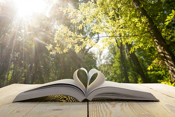 istock Open book on wooden table on natural blurred background. 484758074