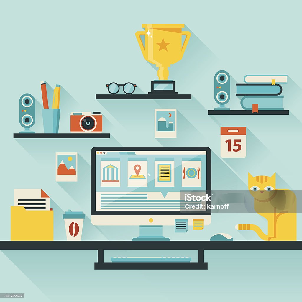 Flat design vector illustration Flat design vector illustration of modern creative office workspace with computer. The office of a creative worker. Flat minimalistic style and color with long shadows. Award stock vector