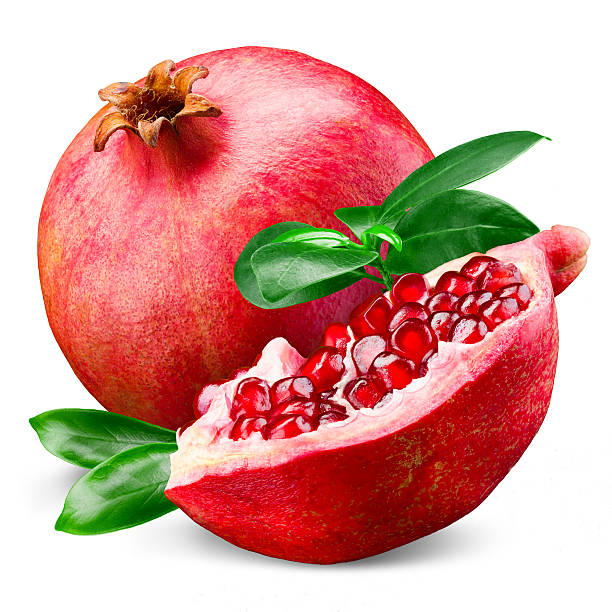 istock Ripe pomegranate with leaves isolated on a white background 484760297