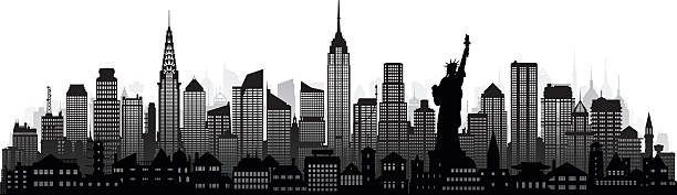 illustrazioni stock, clip art, cartoni animati e icone di tendenza di new york (completa e dettagliata, edifici mobili - new york city panoramic statue of liberty skyline