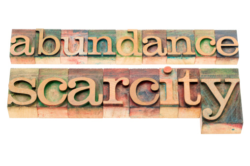 abundance and scarcity - isolated words in n letterpress wood type blocks stained by color inks