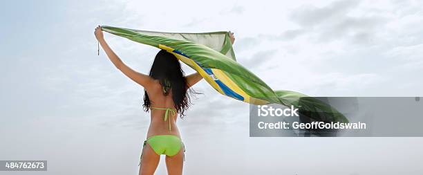 Young Beautiful Girl Holding Brazil Flag Into The Wind Stock Photo - Download Image Now