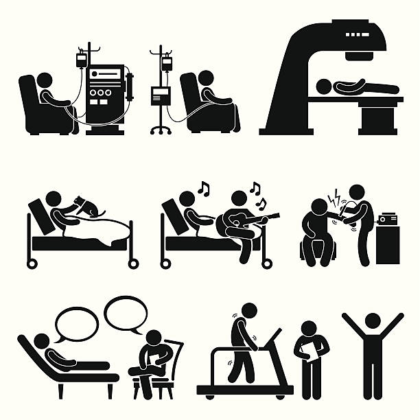 Hospital Medical Therapy Treatment Cliparts A set of human pictograms representing patient in hospital for dialysis, chemotherapy, radiation therapy, animal assisted therapy, music therapy, shock therapy, psychology consulting, and physiotherapy. dialysis stock illustrations