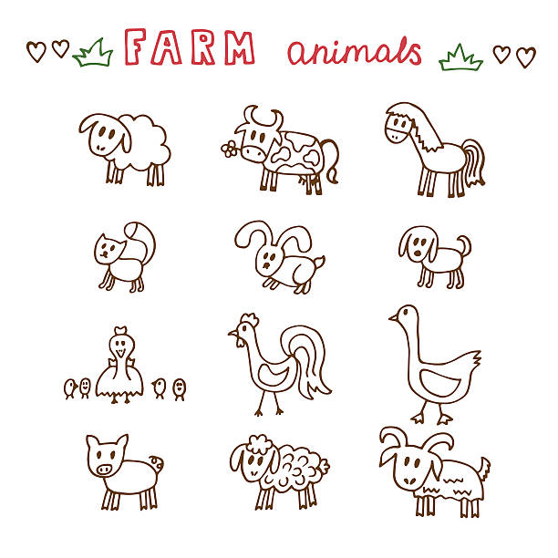 set of hand drawn фермы животных - lamb animal farm cute stock illustrations